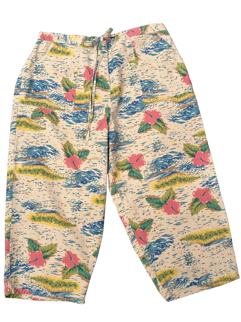 Linen Blend Culottes/Capris with Tropical Design - Only Necessities Size 18W